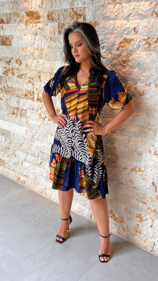 Vestido Curto Botões Corais PIS- Estampado 5593