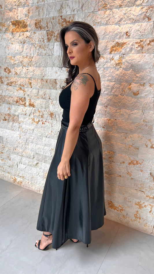 Saia Midi Couro Cinto EAG- Preto 5724