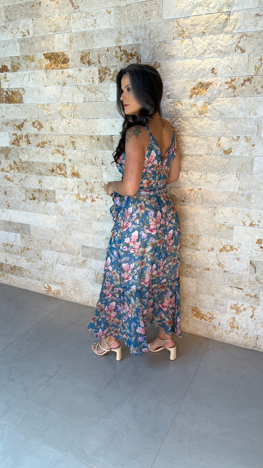 Vestido Midi Chiffon Seda PIS- Estampado Azul 5903