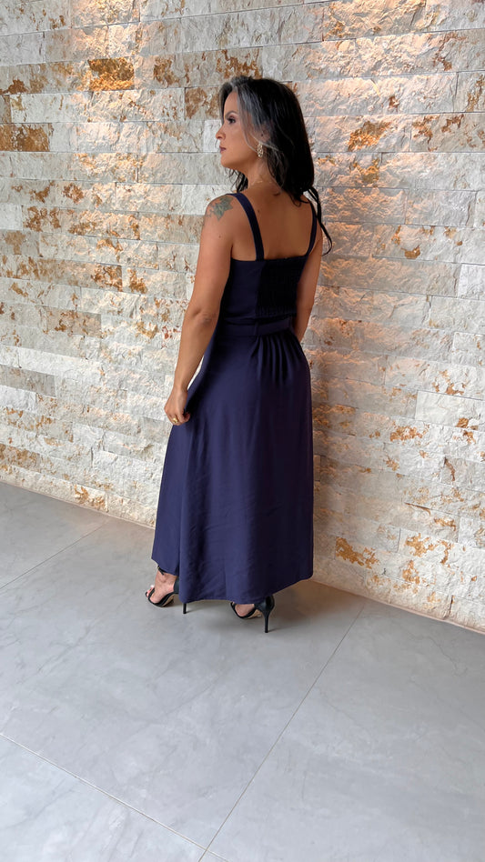 Conjunto Blusa e Saia Midi Vintage PIS- Azul Marinho 5592