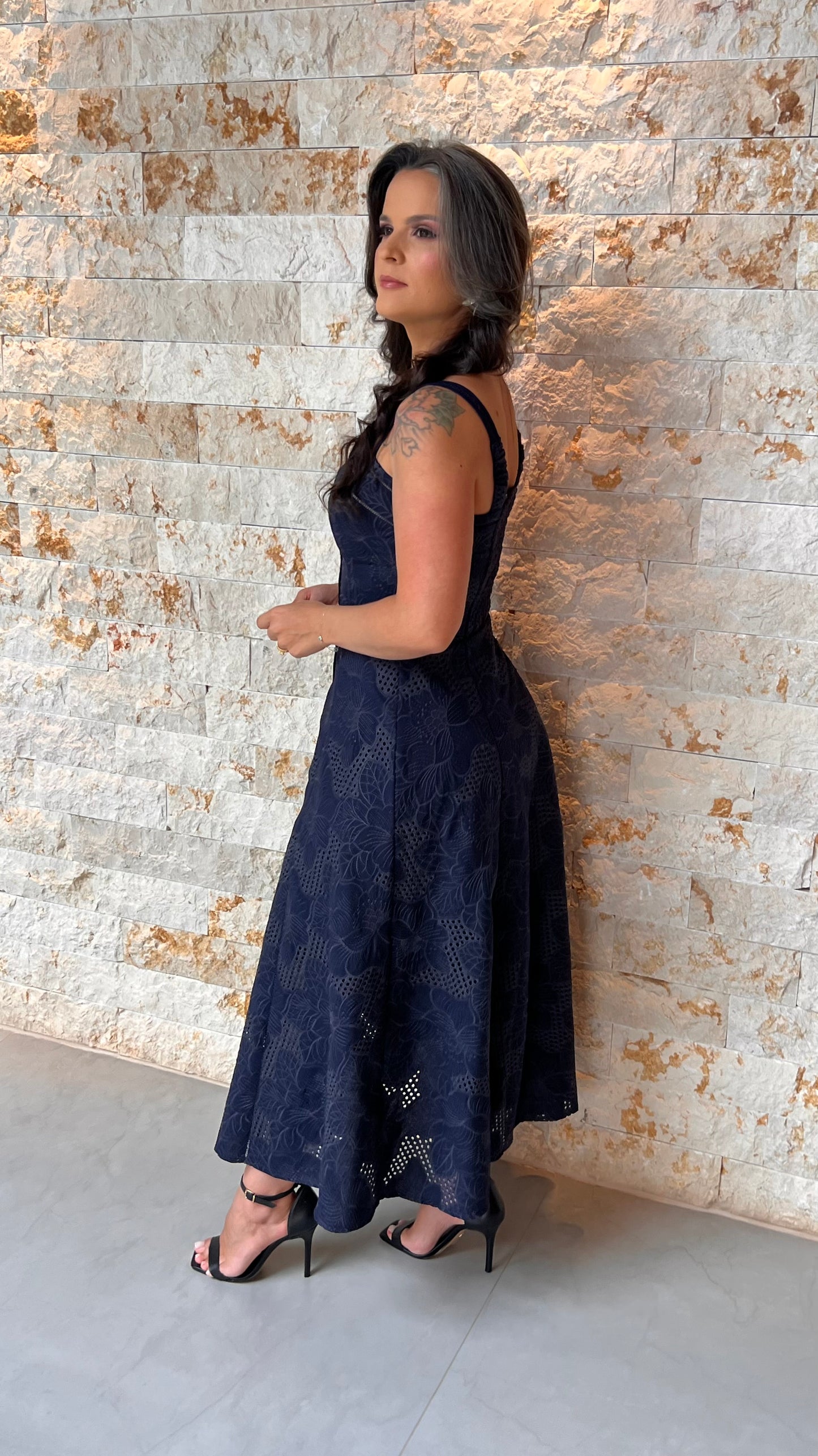 Vestido Midi Tec Trabalhado PIS- Azul Marinho 5961