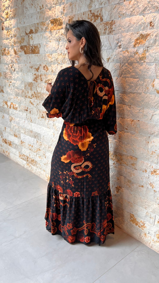 Vestido Longo Fundo Preto ARTE- Estampado 5747