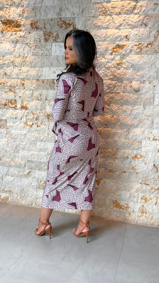 Vestido Midi Manga Trans Gola Jersey- Bordô Estampado 5577