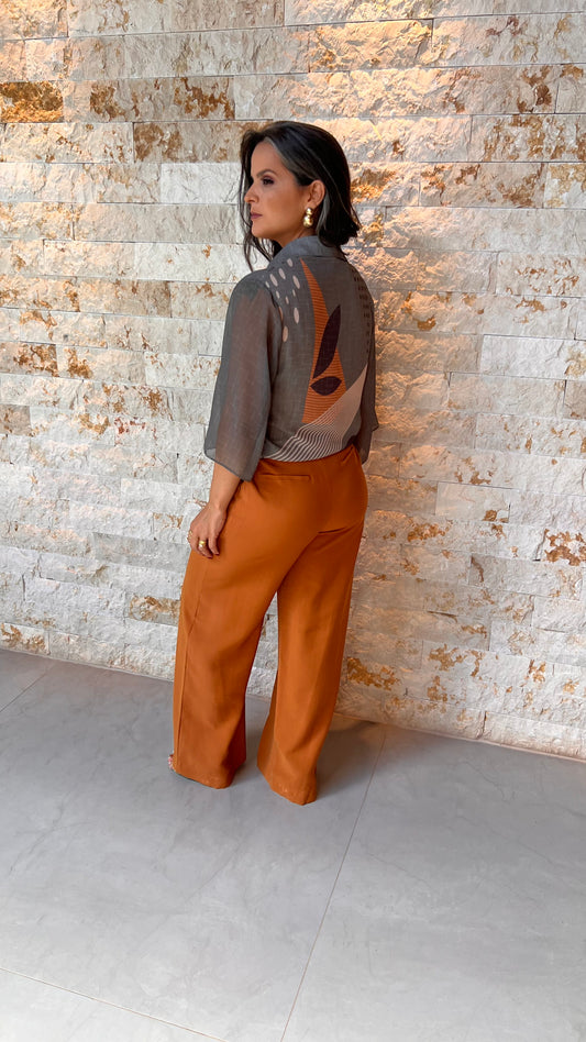 Blusa Botões Laranja YU- Estampado 5629