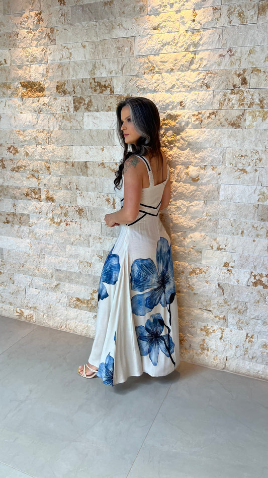 Vestido Longo Floral com Detalhes em Preto 5902