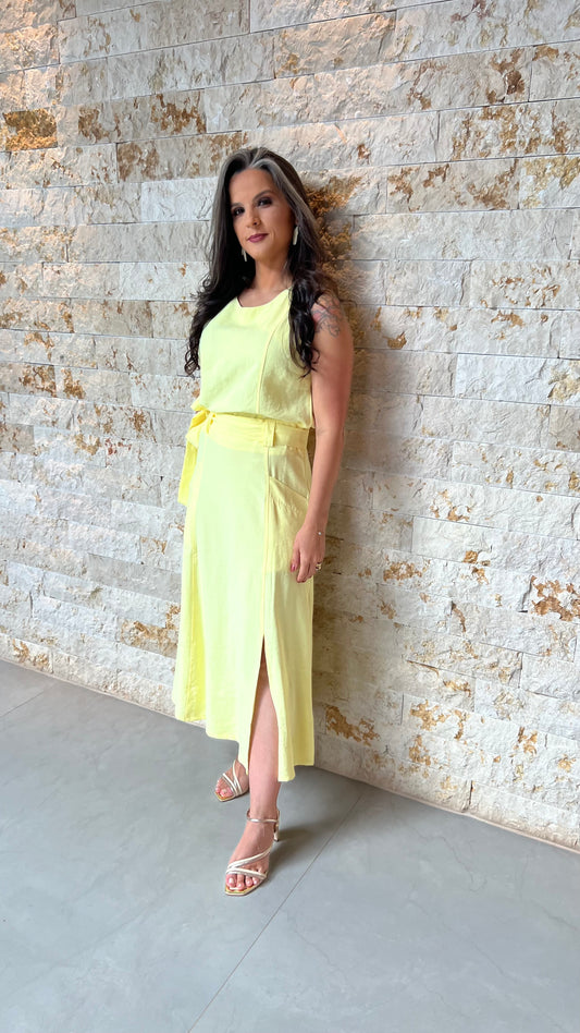 Conjunto Saia Midi Bolso FX Cropped ARA- Amarelo 5857