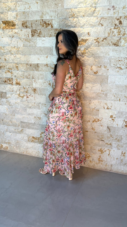 Vestido Midi Chiffon Seda PIS- Estampado Rosa 5903