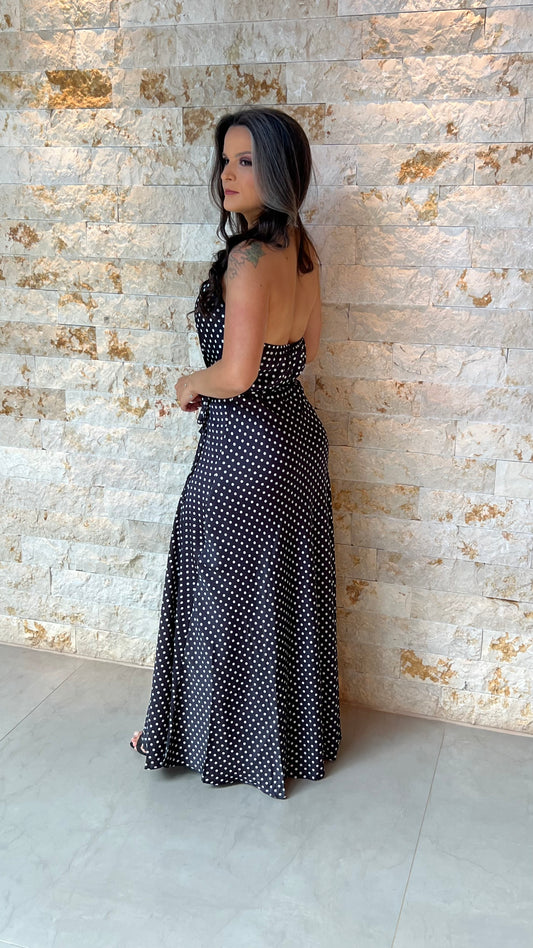 Vestido Longo Frente Única Poá- Preto 5909