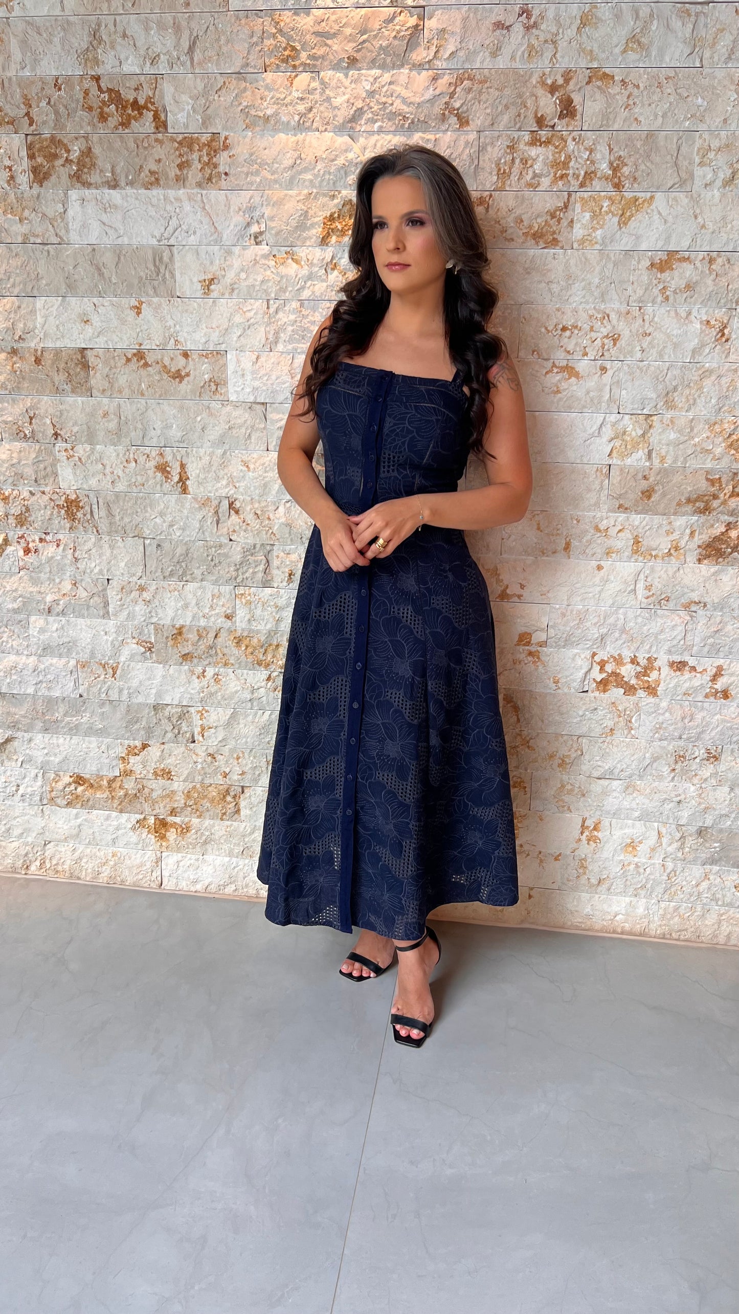 Vestido Midi Tec Trabalhado PIS- Azul Marinho 5961