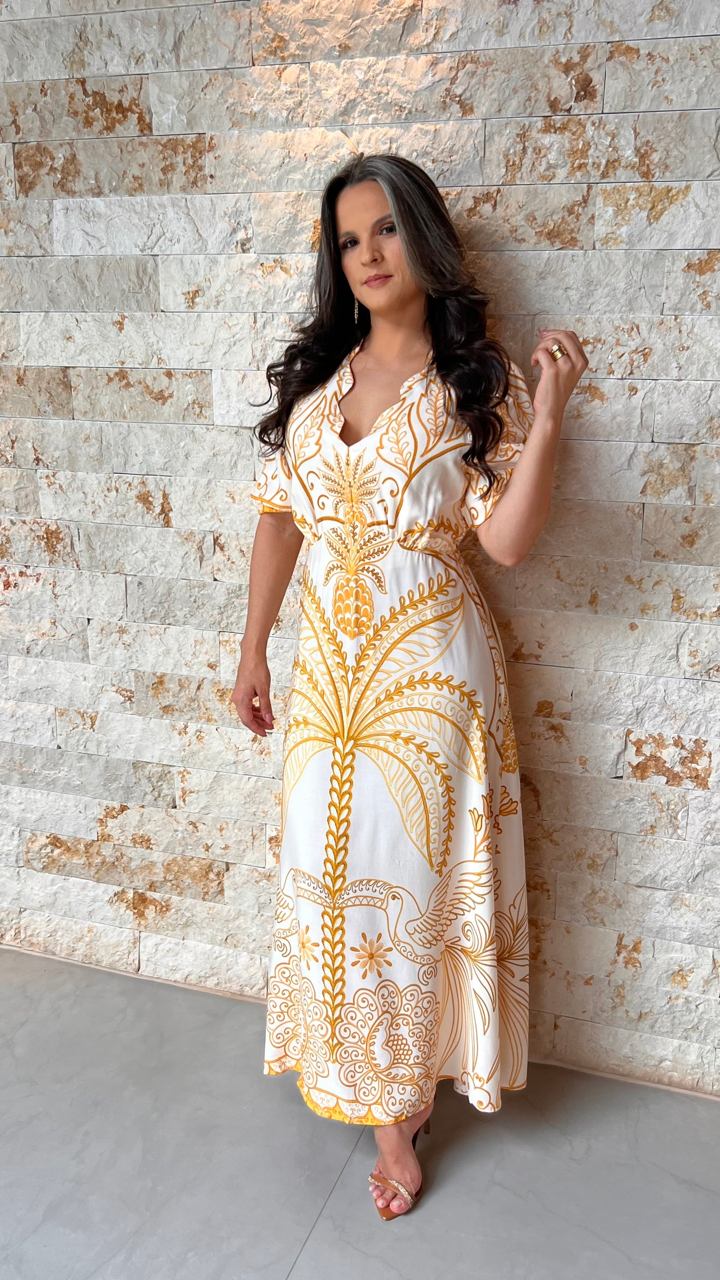 Vestido Longo Dec Azulejo POLI- Estampado Amarelo 6034