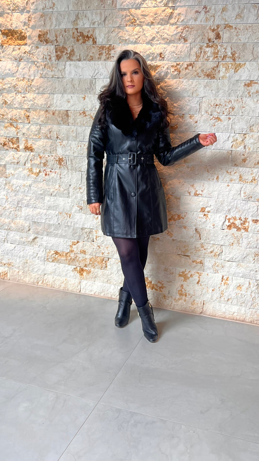 Casaco Longo Couro Ecológico Botões SAFIR- Preto 5736