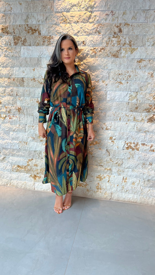 Vestido Chemisse Manga Longa Folhagem ARTE- Estampado 5753