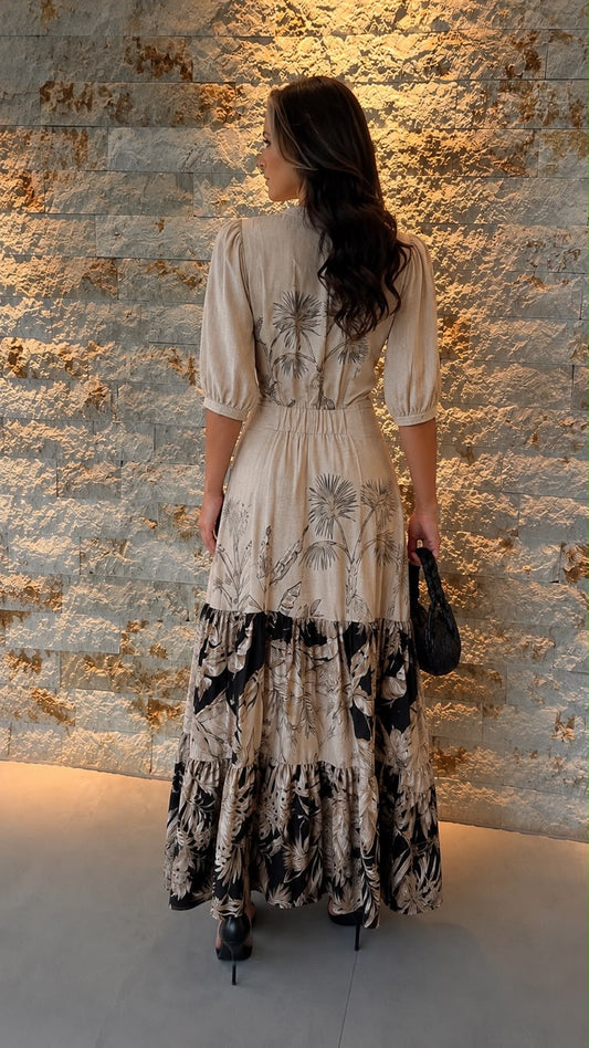 Vestido Longo Botões Palmeira PIS- Estampado 6334