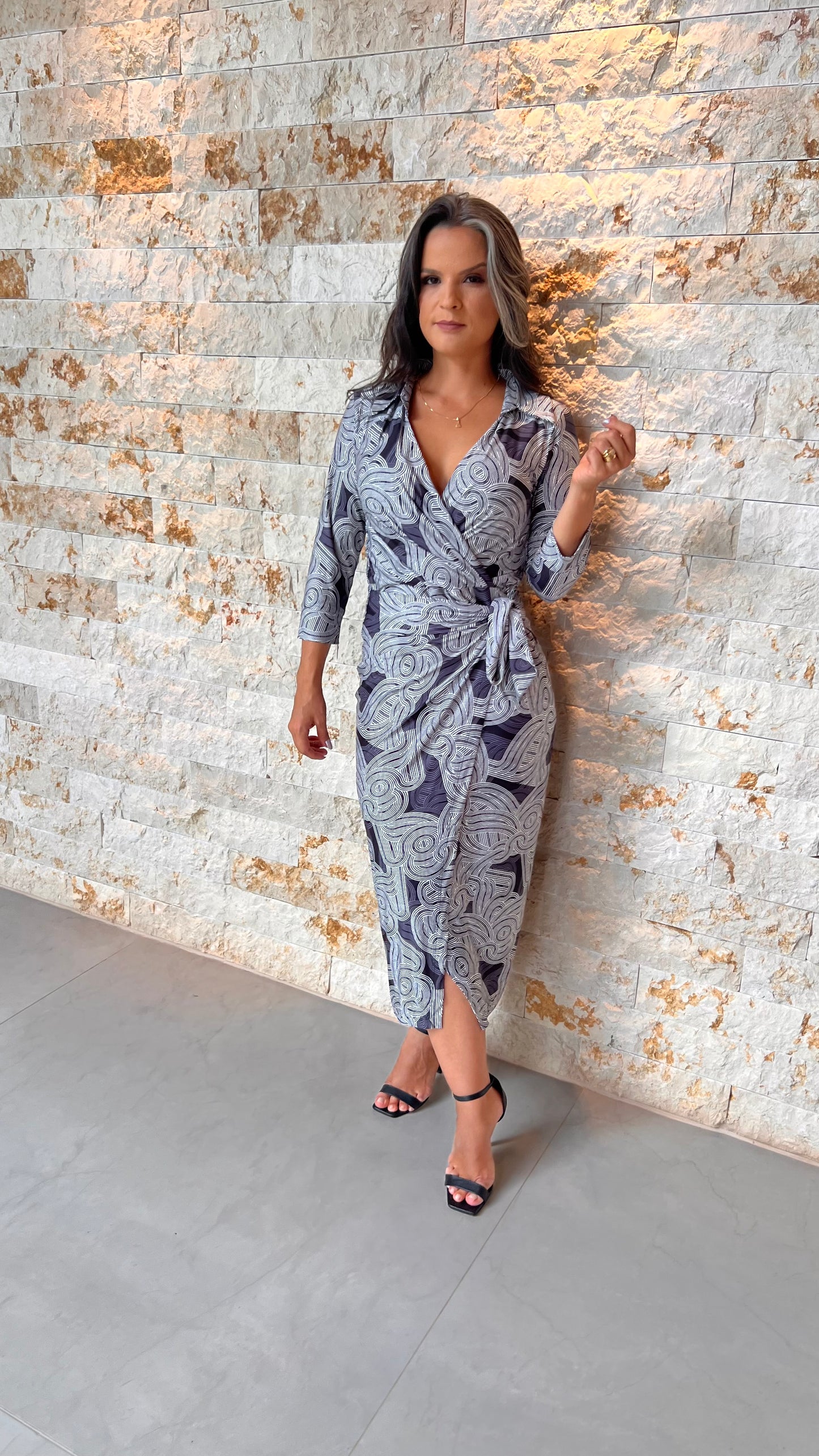 Vestido Midi Manga Trans Gola Jersey- Azul Estampado 5577