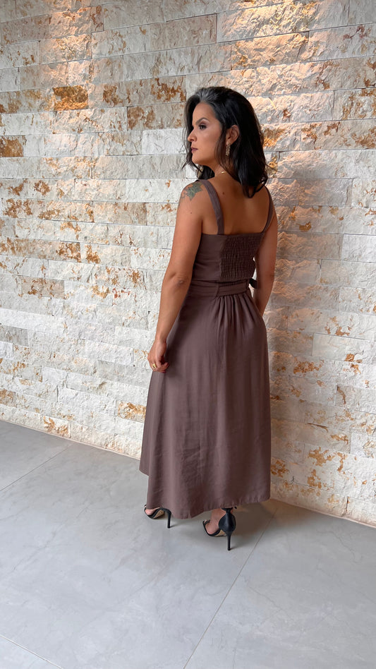 Conjunto Blusa e Saia Midi Vintage PIS- Marrom 5592