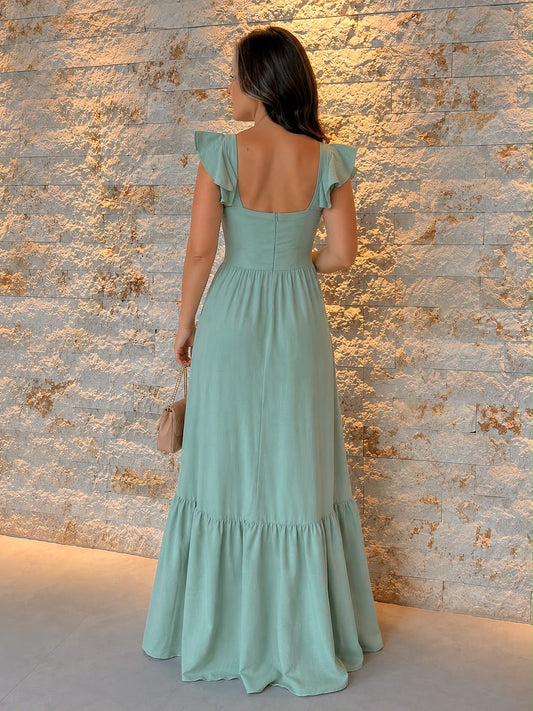 Vestido Longo Busto Alça Babado- Verde 6064