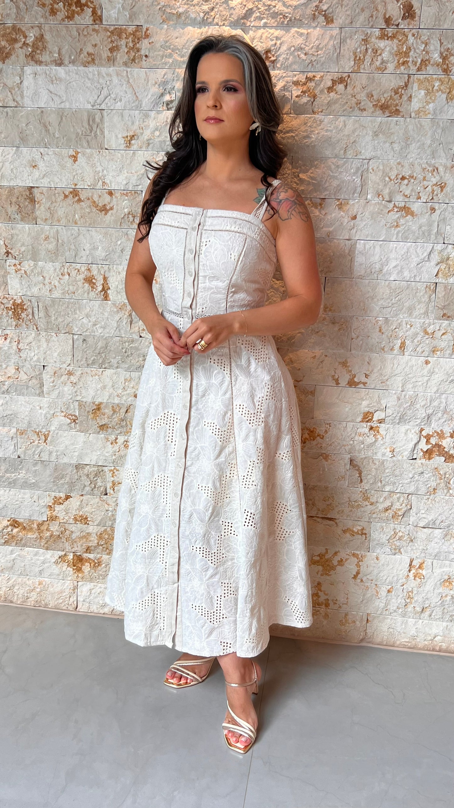 Vestido Midi Tec Trabalhado PIS- Cru 5961