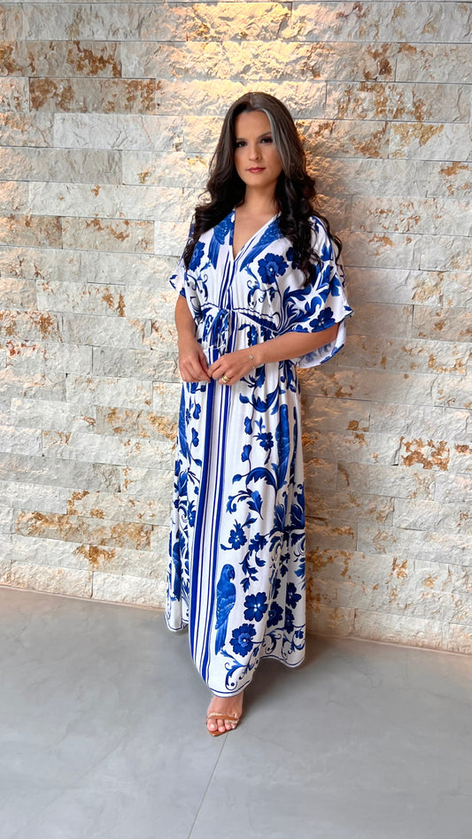 Vestido Longo Manga Solta POLI- Estampado Azul 5978