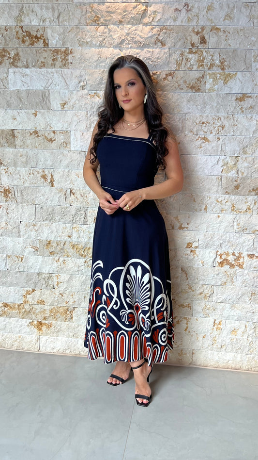 Vestido Midi Alça Larga Barrado PIS- Estampado 5904