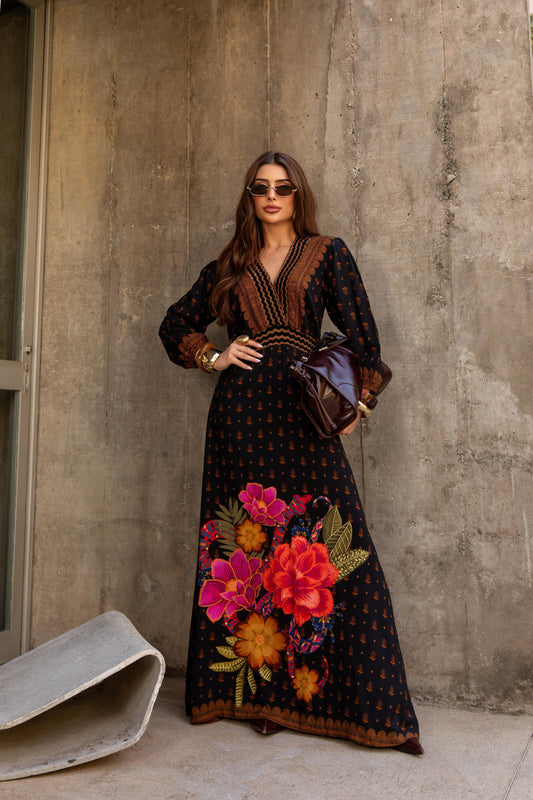 Vestido Longo Manga Flores Vivas ARTE- Estampado Preto 5719