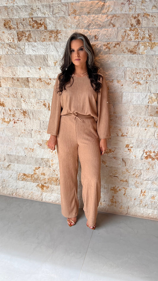 Conjunto Calça e Blusa Tec Plissado MAZ- Bege 5709