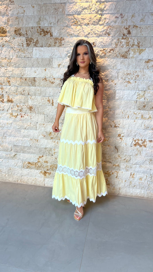 Conjunto Saia e Cropped Bor Det Guipir EAG- Amarelo 5907