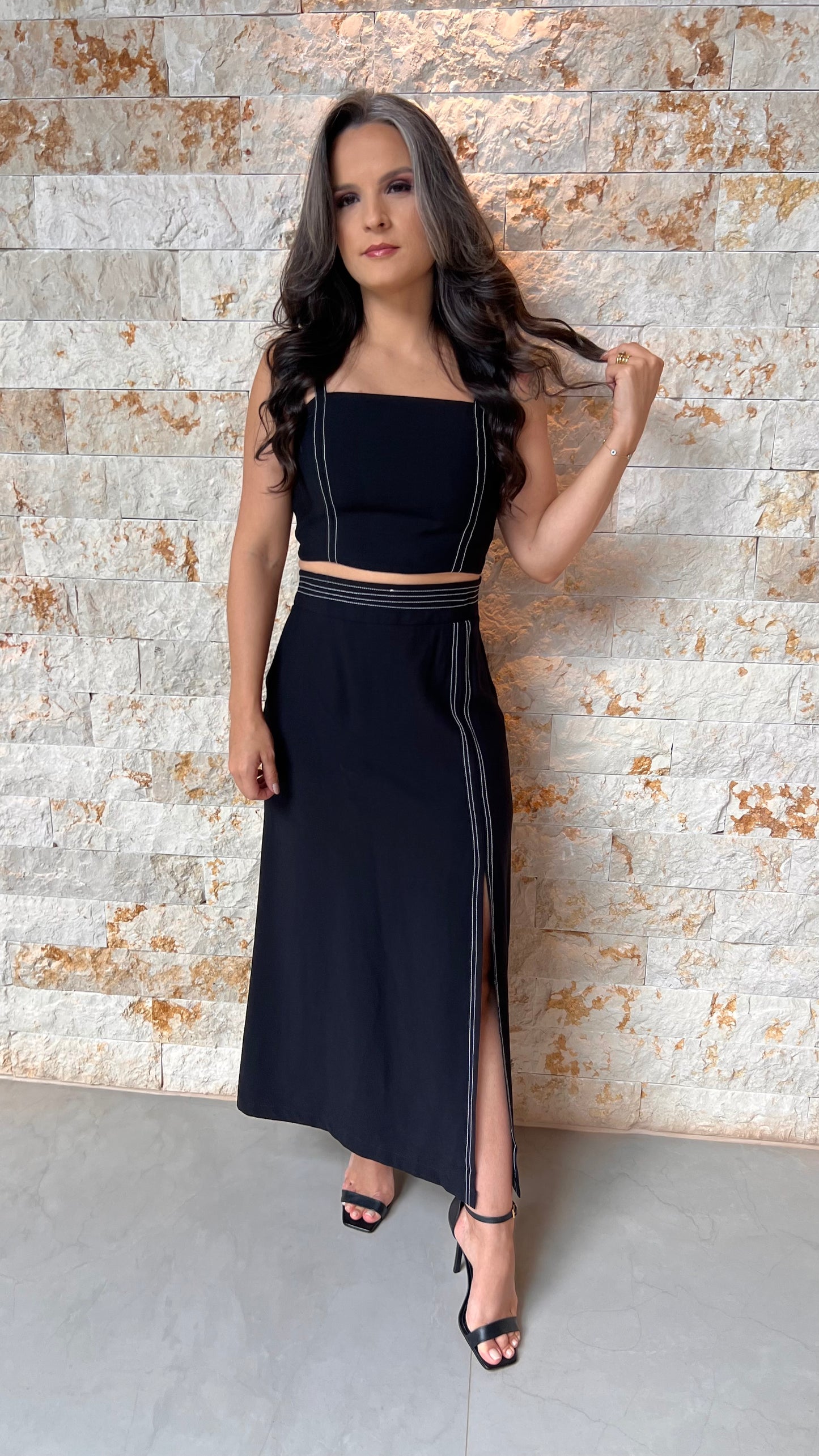 Conjunto Saia cropped Pespontada JEN- Preto 5973