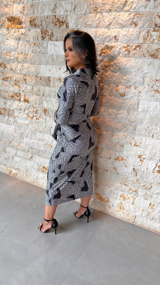 Vestido Midi Manga Trans Gola Jersey- Azul Estampado 5577