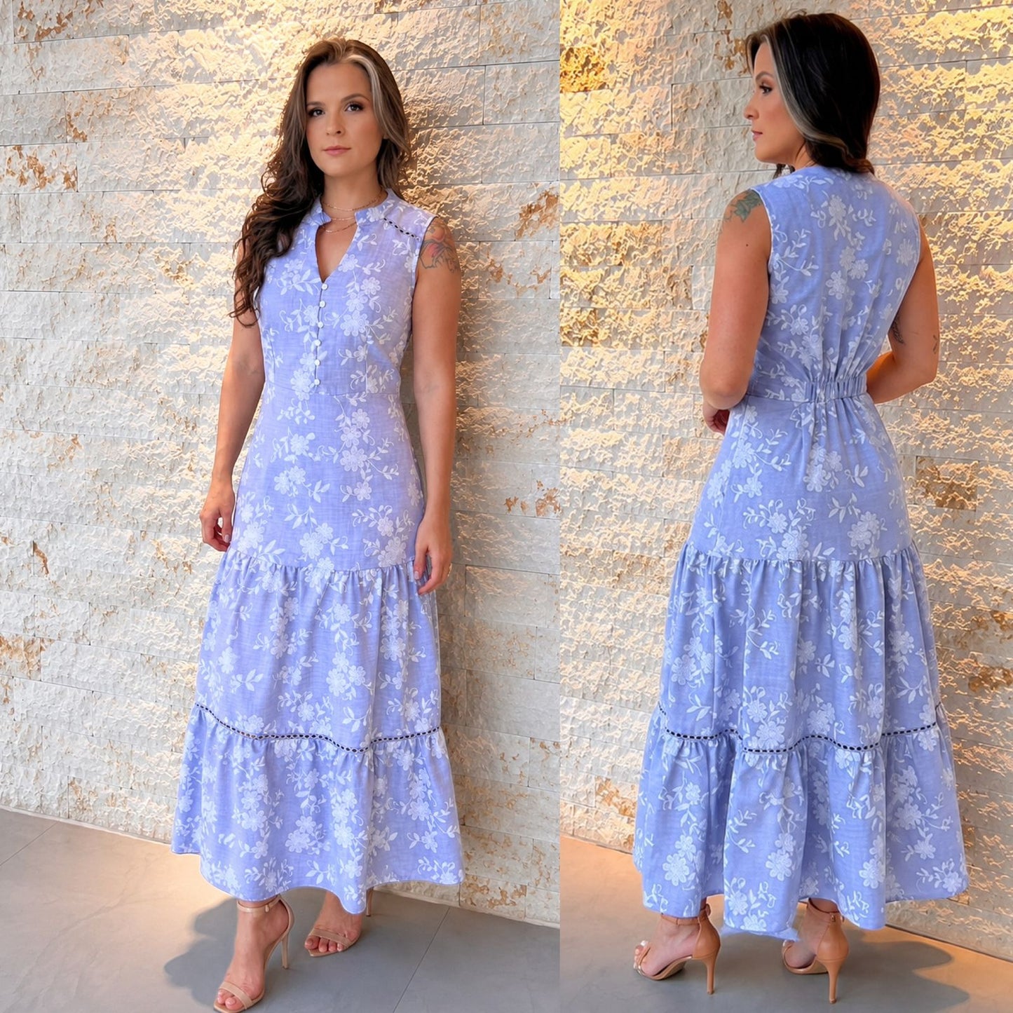 Vestido Midi Três Marias Bordado PIS- Azul 6025