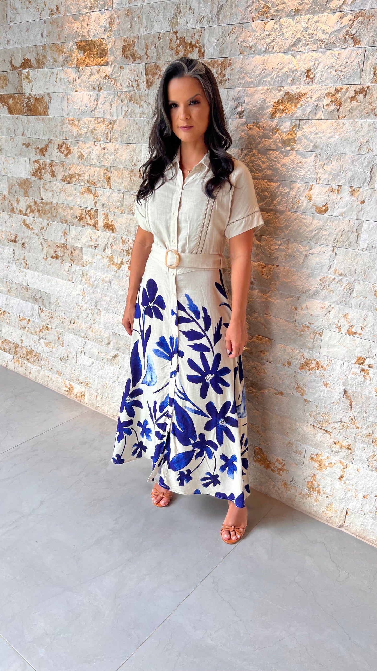 Vestido Chemisse Botões Barra Azul PIS - Estampado 5573