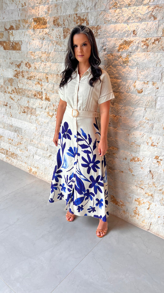 Vestido Chemisse Botões Barra Azul PIS - Estampado 5573