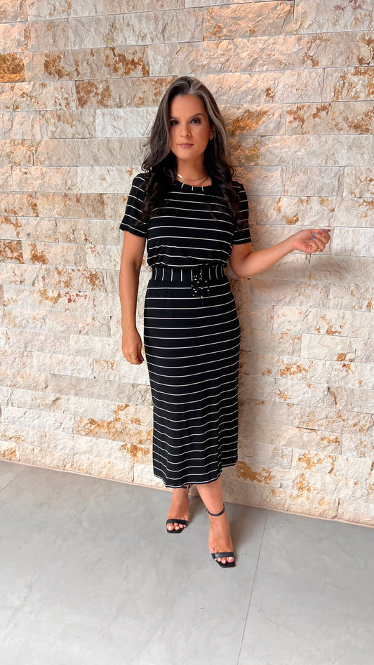 Conjunto Saia Blusa Listras MAZ- Estampado Preto 5710