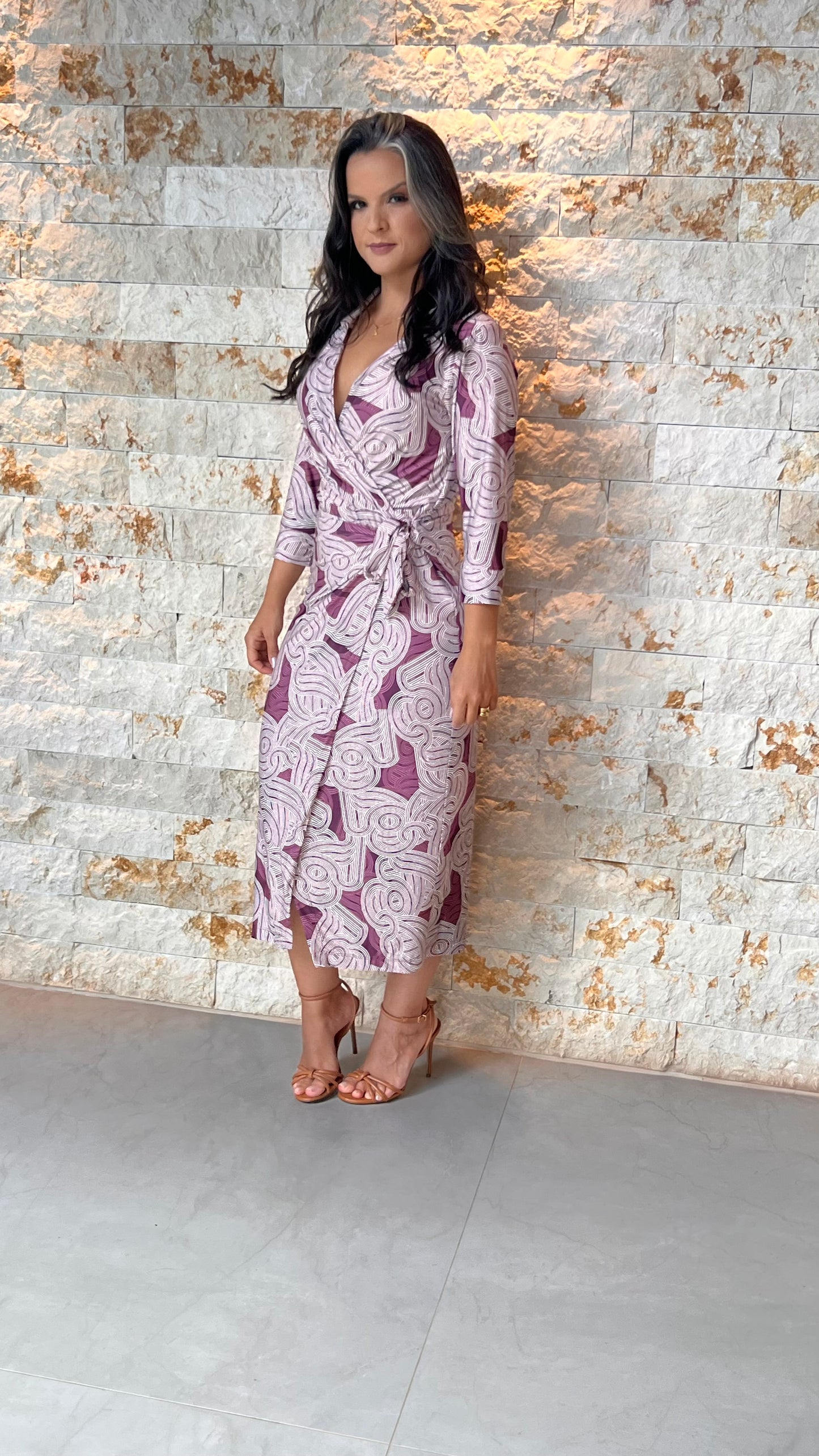Vestido Midi Manga Trans Gola Jersey- Bordô Estampado 5577