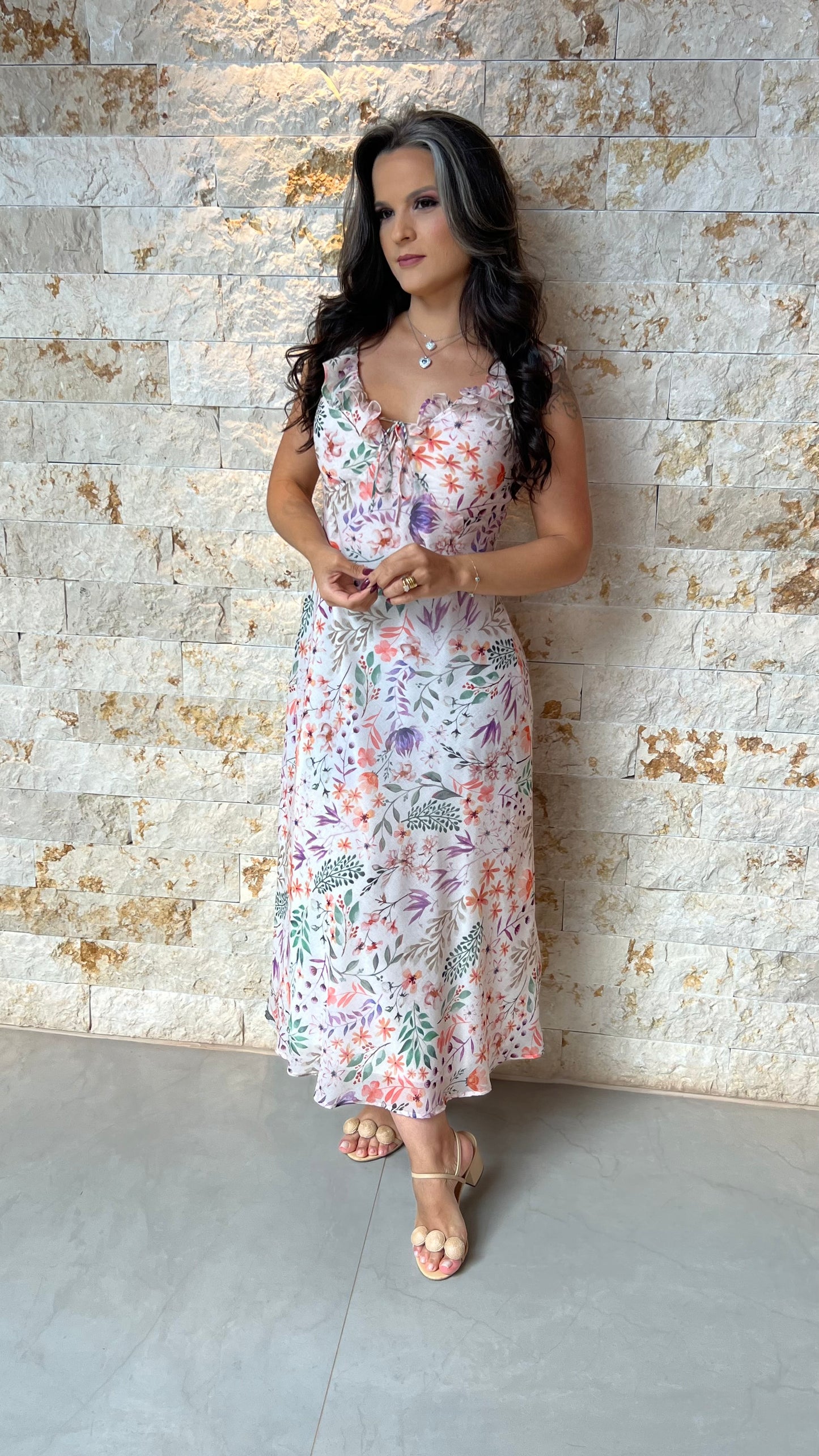 Vestido Midi Crepe Amarração Costas- Estampado 5941