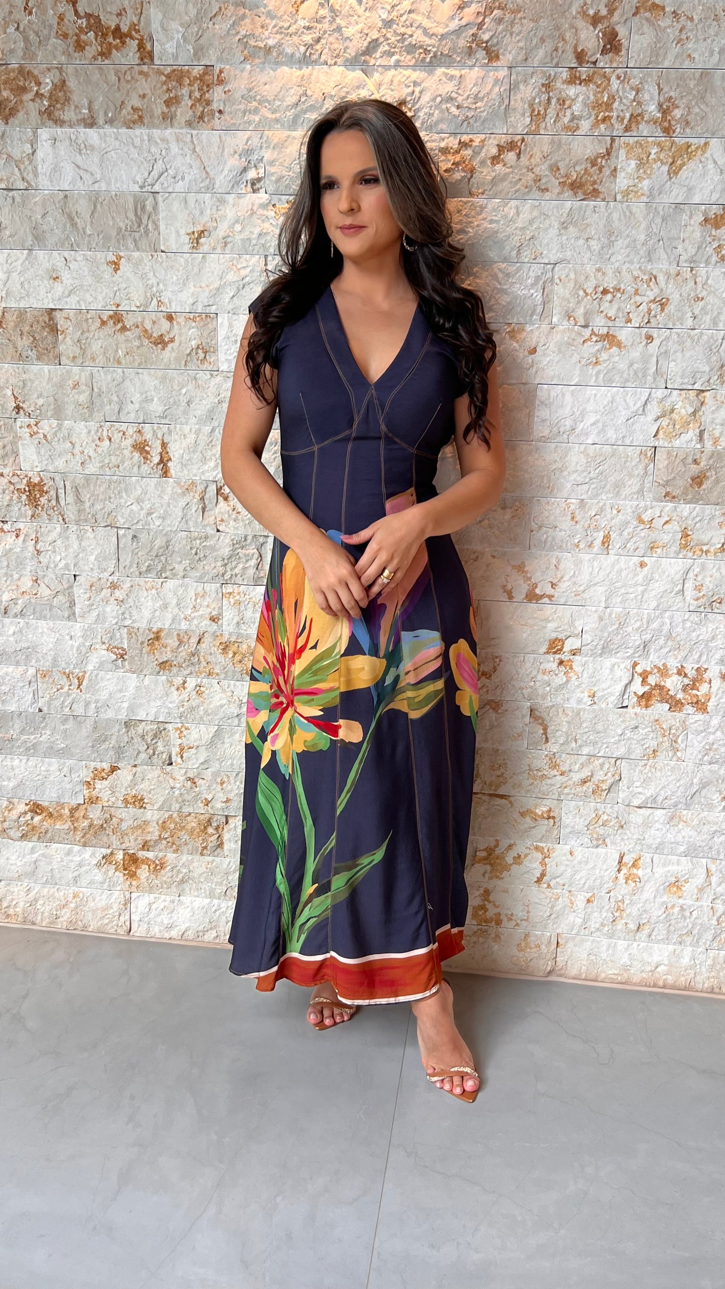 Vestido Midi Prespontado Barra Laranja PIS- Estampado 6041