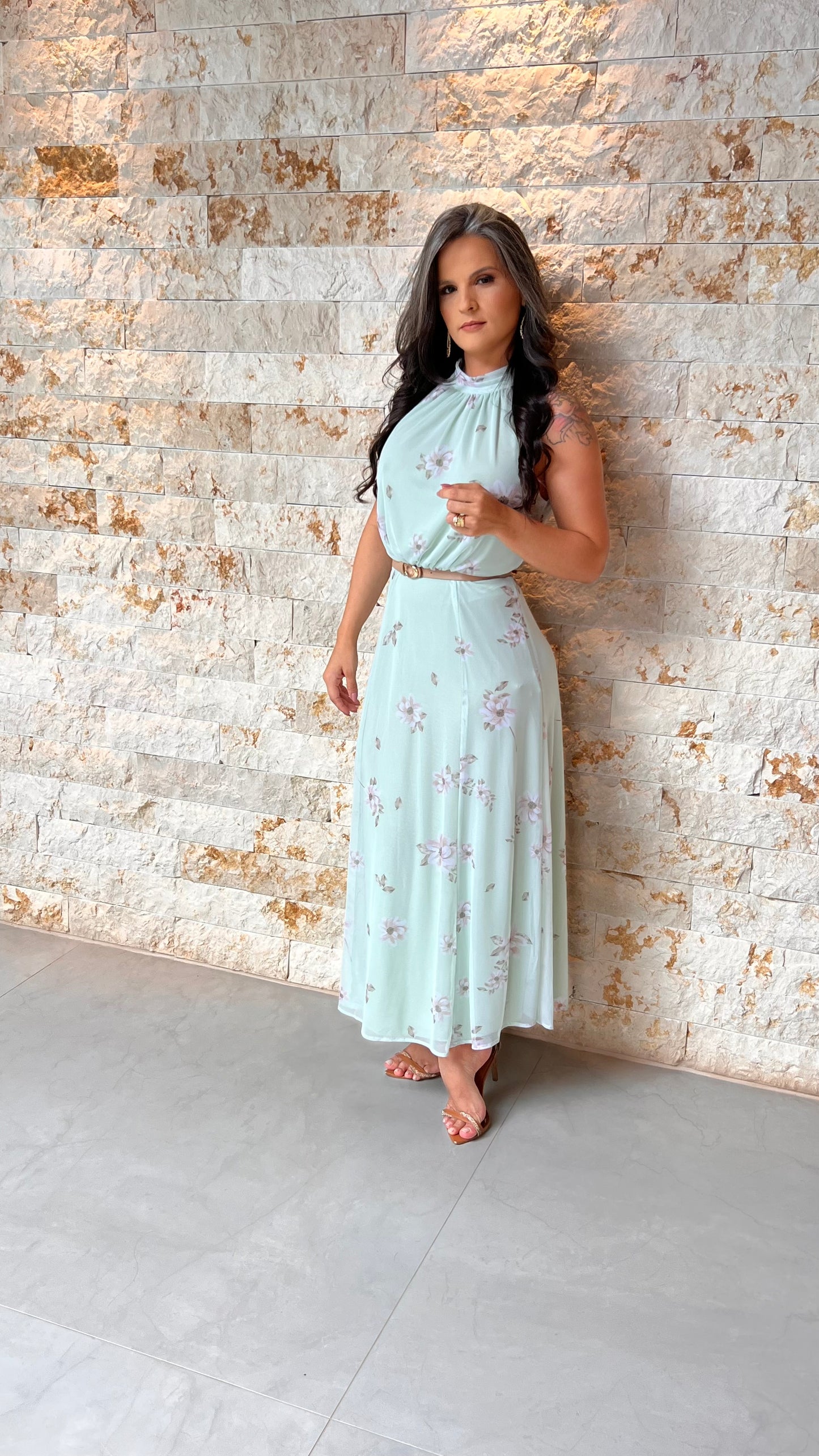 Vestido Midi Tule Florido PIS- Verde 6040