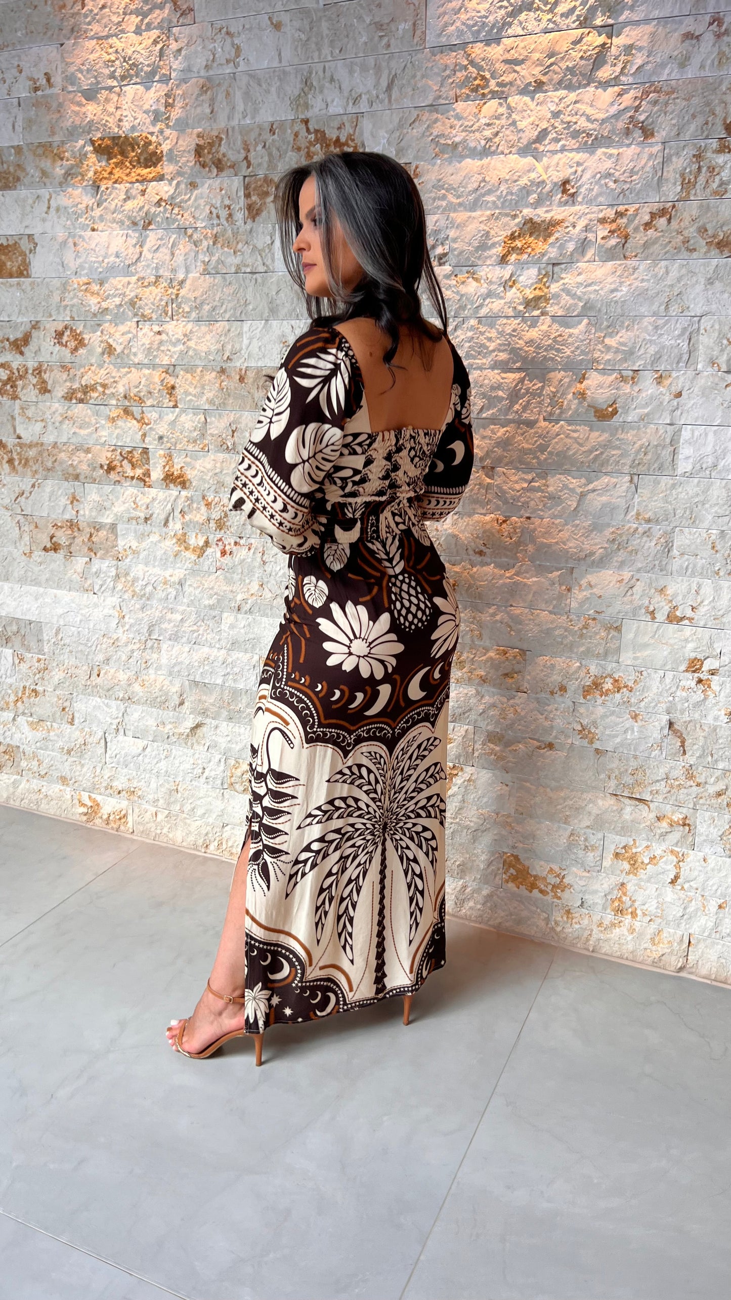 Conjunto Saia e Cropped Marrom e Bege ARTE- Estampado 5653