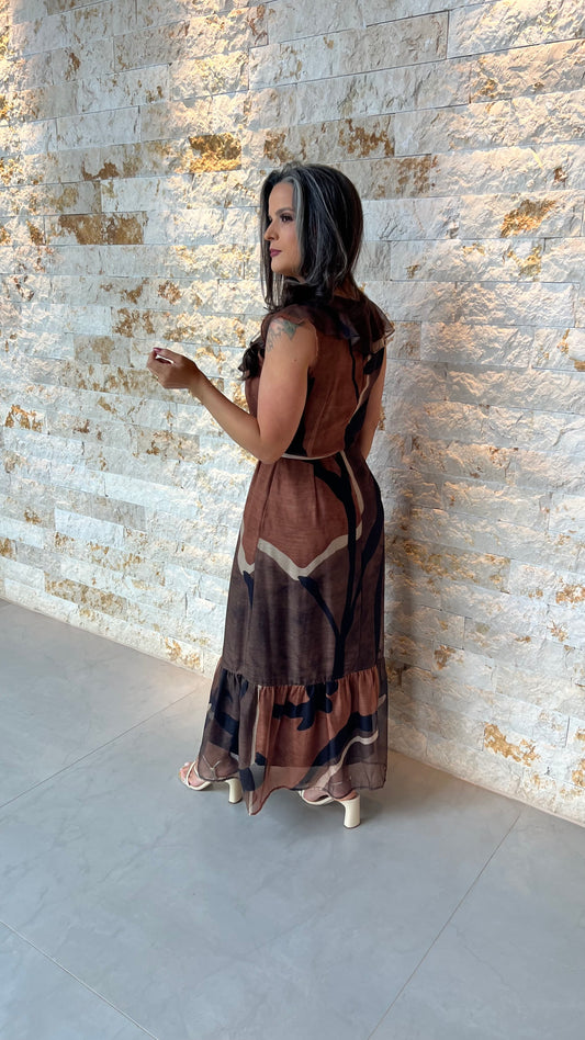 Vestido Midi Tule PIS- Estampado Marrom 5865