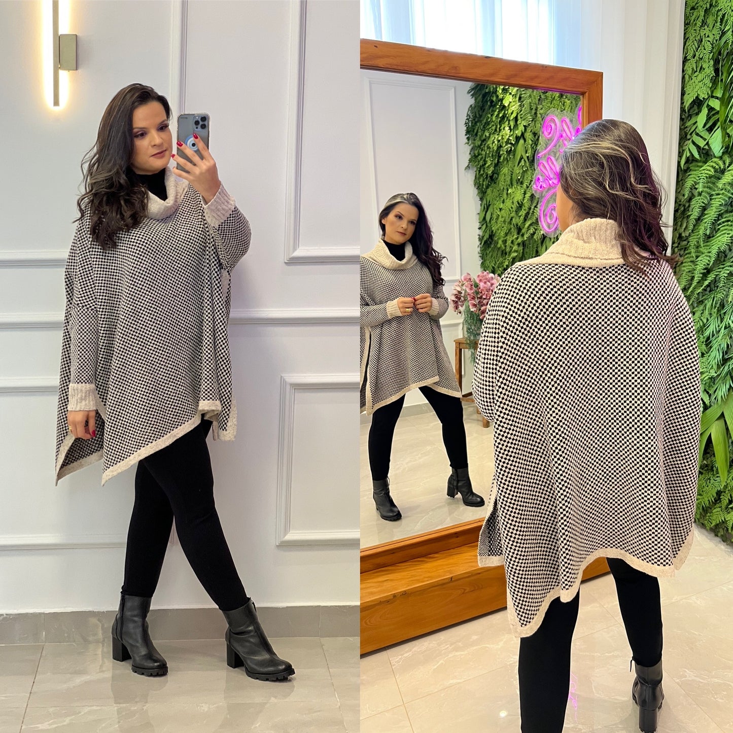Poncho Tricot Franjas Quadriculado - Nude
