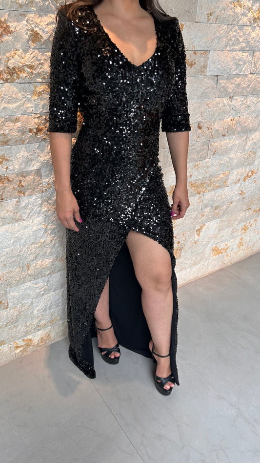 Long Slit Sequin Dress - Black