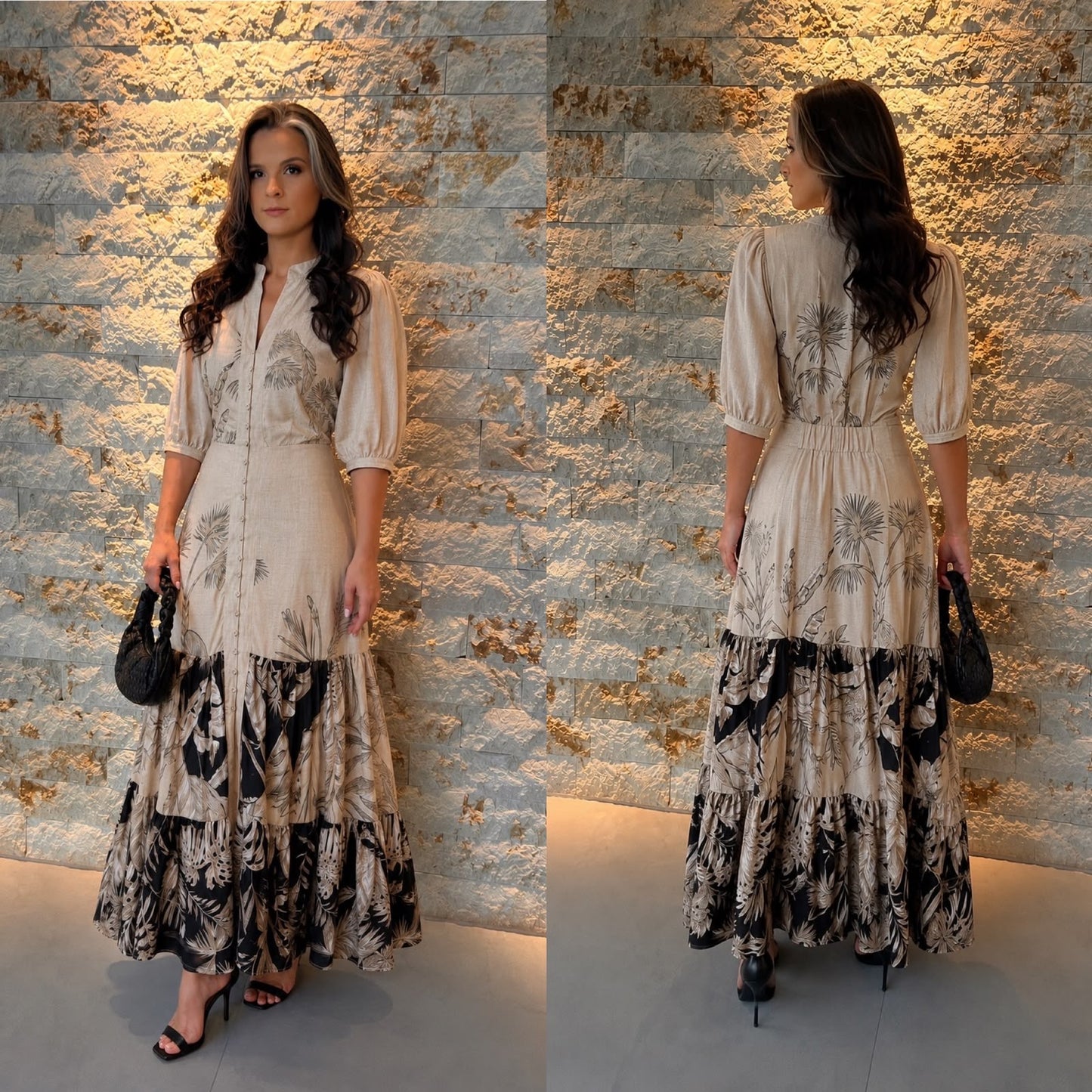 Vestido Longo Botões Palmeira PIS- Estampado 6334