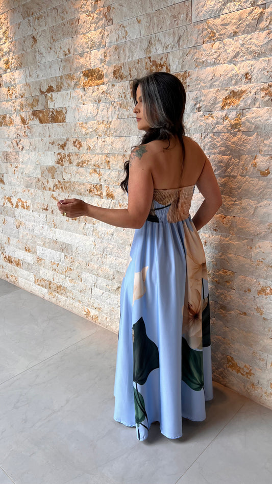Vestido Longo Tomara Que Caia Flor POLI- Azul 6045