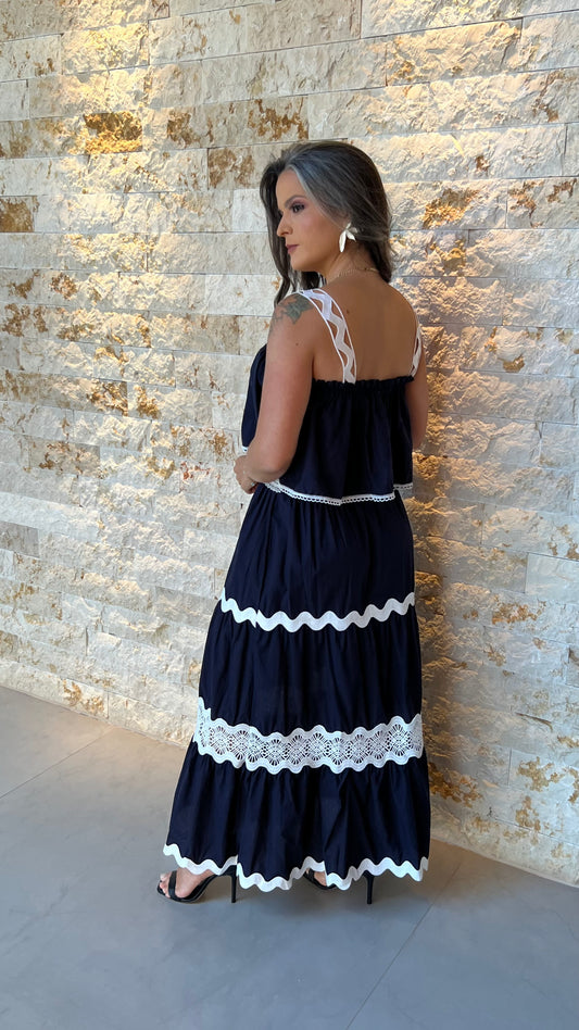 Conjunto Saia e Cropped Bor Det Guipir EAG- Azul Marinho 5907