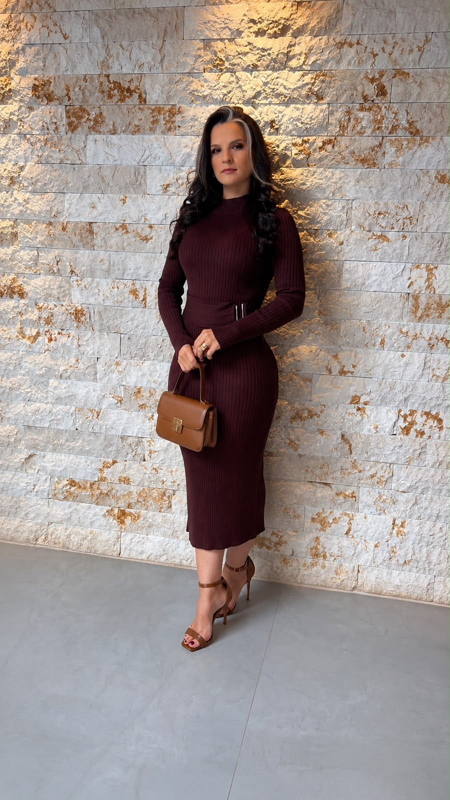 Vestido Midi Cinto Fixo POLI- Marrom 5819
