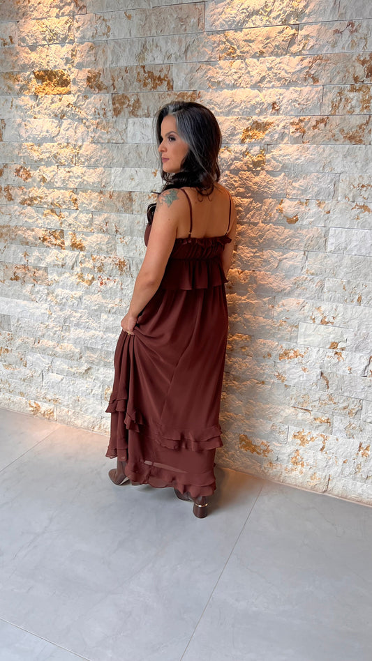 Vestido Longo Chiffon Babados TRIN- Marrom 5717