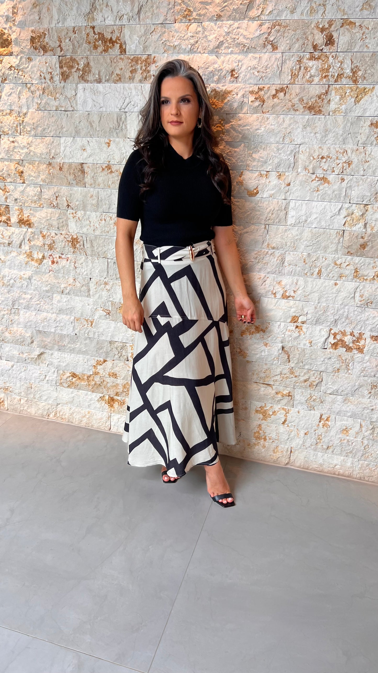 Saia Midi Cinto Det Dourado PIS- Estampado 5741