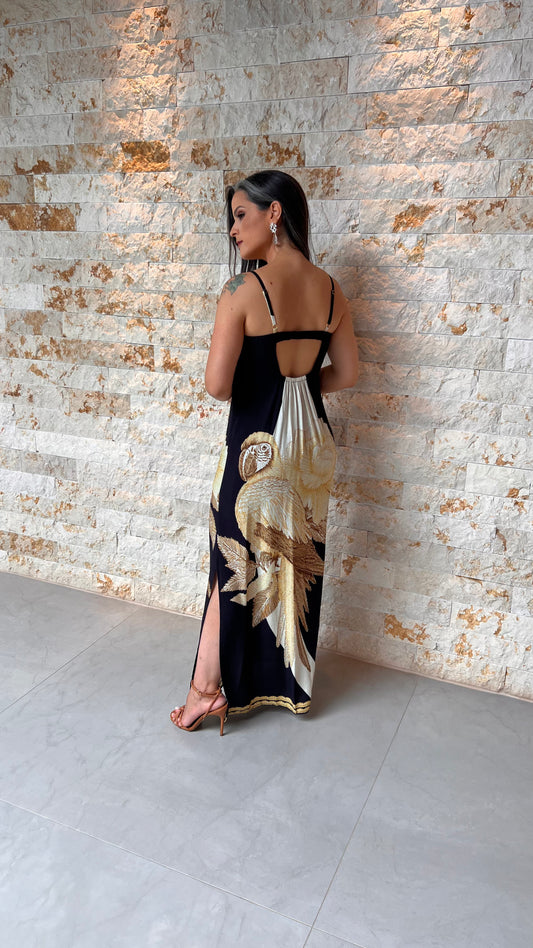Vestido Longo Alcinha Arara Dourada ARTE- Estampado 5471