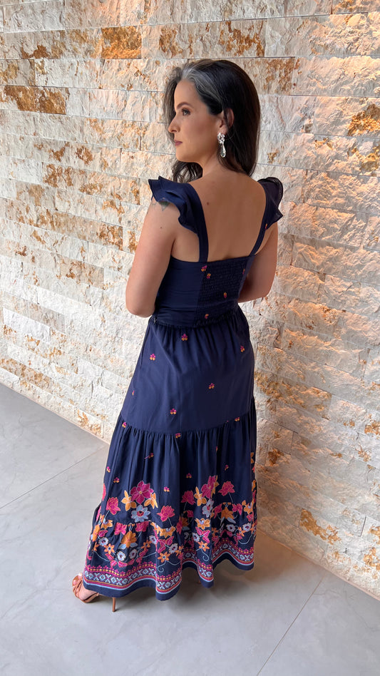 Conjunto Saia e Cropped Bordado PIS - Liso Azul Marinho Estampado 5420