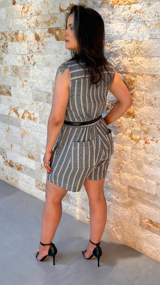 Macaquinho Linho Listrado Illu - Cinza 5317