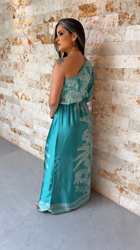 Vestido Longo Nula Manga Seda ARTE- Liso Azul 5376